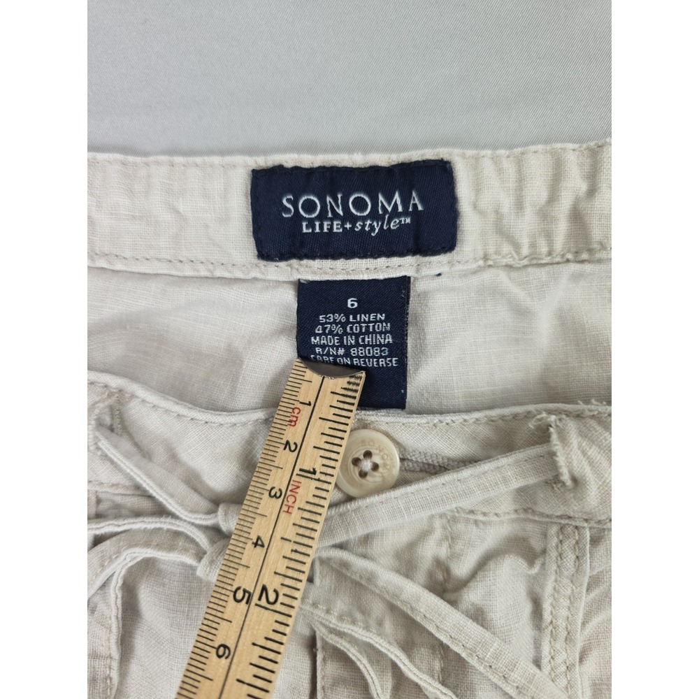Sonoma Shorts Beige Womens 6 Linen Cotton Blend Bermuda Cargo Pockets Drawstring - Picture 6 of 14